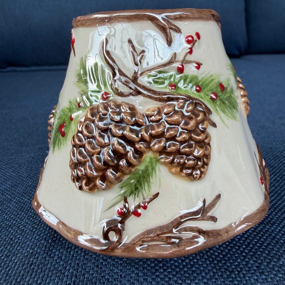 Sally Eckman Roberts Winter Pinecone & Berry Ceramic Candle Shade CHIP READ